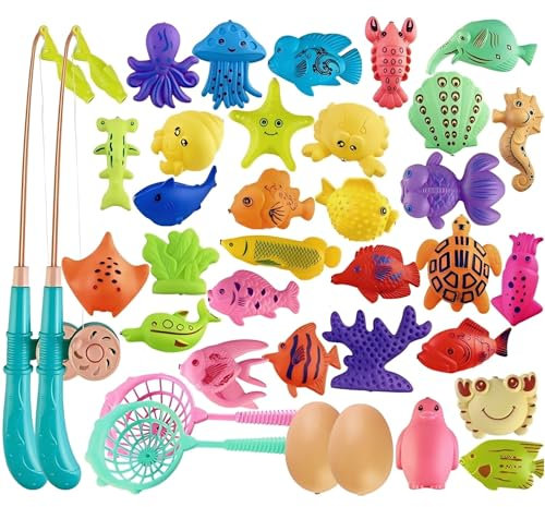 Ruutcasy Magnetic Fishing Toys, Kids Fishing Game Set with Rod and Net, Outdoor Plastic Floating Fish Bathtime Pool Toy Education Teaching Christmas Birthday Gifts(40 PCS)
