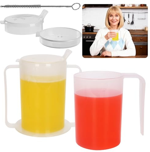 BakeBloom Adult Beakers for Elderly Non Spill, 2-Pack Sippy Cups with Single & Double Handle, 400ml Plastic Drinking Cup with 2 Lids for Arthritis Stroke Parkinson's, Care Home Beaker Set
