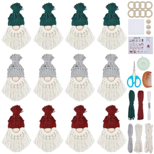 FREEBLOSS 12 Set DIY Makramee Weihnachtswichtel Set Weihnachtsmann Set DIY Makramee Weihnachtsmann Für Weihnachtsbaum Dekoration Hängende Zwerge Anleitung Enthalten Weihnachtsdekor
