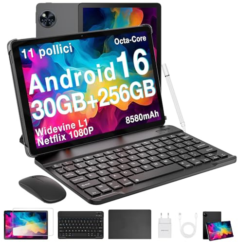U11 Pro Android 16 Tablet 11 Zoll Tablet mit Tastatur, Stift, Maus, Hülle, 30GB+256GB (2TB TF) Netflix 1080P Gaming Tablets Pc, 8580mAh, 90Hz Display, WiFi 5, T7200 Octa Core, 13MP+5MP