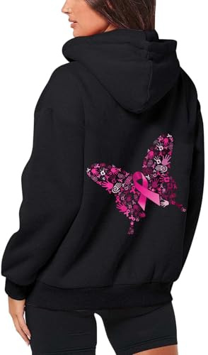 Générique Cancer du Sein Octobre Rose Sweat à Capuche Femme Zippé Coton Sweatshirt avec Poches Casual Hoodie à Manches Longues Chaud Veste de Sport Blousons Casual Printemps Automne