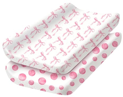 2 Pack Baby Changing Pad Covers, Changing Table Cover for Girls, Pink Bow Changing Pad Covers 32'' x 16'' Safe Snug Fitted Diaper Table Sheet Fits Standard Changing Tables and Dressers(Bassinet)