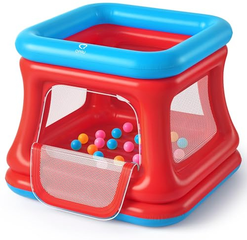 QPAU 3-in-1 aufblasbares Hüpfhaus für Kleinkinder 1-3, Bällebad & Trampolin, aufblasbares Hüpfhaus mit Sicherheitsnetz, Innen- und Außenbereich, Bubble Bouncer, Baby-Spielhof (Blau & Red)
