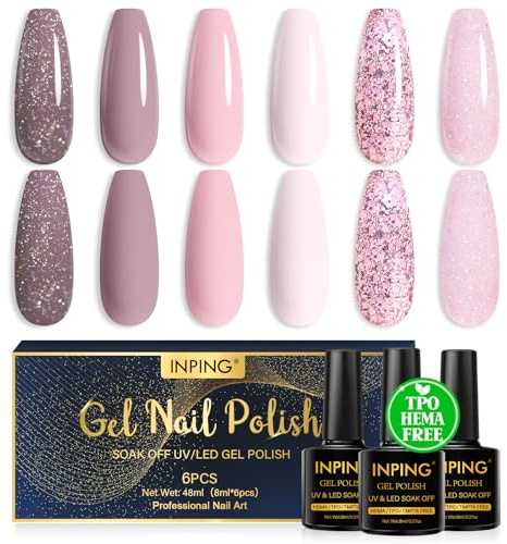 INPING HEMA/TPO/TMPTA-fri, 6 färger naken rosa glitter brun UV-gel gel nagelkit, halvpermanent Soak Off UV LED nagellack för nybörjare, 8 ml