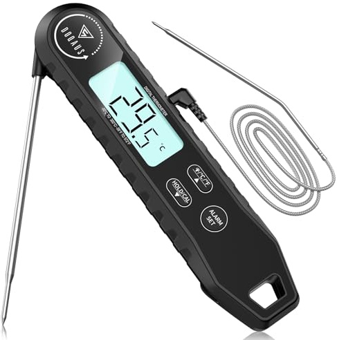 DOQAUS Food Thermometer with Dual Probe, 3s Instant Read Meat Thermometer | Backlight, Food Probe with High Accuracy, Alarm, Oven Safe Barbecue Thermometer for Kitchen, Grill, Turkey, Steak, Black-Red