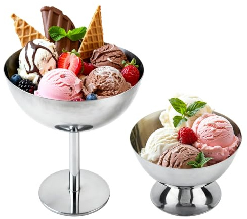 Hapivida Copa de Helado, 2 Piezas Taza de Helado Tazón de Acero Inoxidable para Helados Cuencos Mini Tazas de Yogur con Patas Redondas Tazas Pudín Metal Reutilizable para Postre Sundae Frutas
