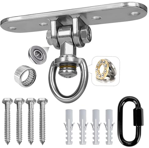 360 kg Deckenhaken Schwerlast mit leichtgängigem Schwenklager, 360°+180° Drehbar Schaukelhaken, Edelstahl Schwerlast Deckenhaken Hängesessel mit Karabiner für Hängematten Yoga Boxsack Schaukel