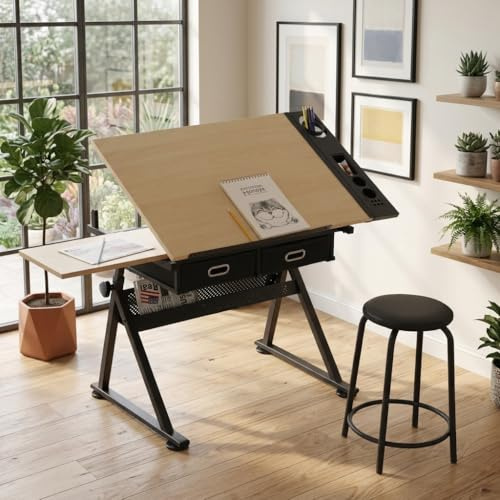 Tavolo da disegno in acero con 2 cassetti e sgabello, regolabile in altezza 69-91 cm e inclinabile 0-75°, scrivania con ripiano in metallo, tavolo da lavoro per home office e scuola, tavolo da lavoro