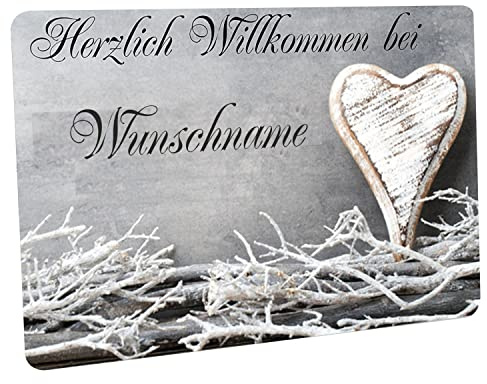 CreaLuxe Fussmatte mit Wunschtext/Wunschname Herzlich Willkommen - Motiv Weisses Herz rechts - 60x40 cm - Gummi Rückseite/rutschfest - Filzoberfläche - Bedruckte Türmatte - Innenmatte