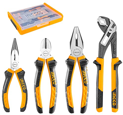 INGCO 4Pcs Pliers Set 8 Inch Combination Plier 7 Inch Diagonal Cutting Plier 6 Inch Long Nose 10 Inch Pump with Stackable Plastic Box HKTV01P041