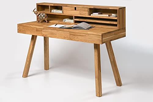 Nordic Story Schreibtisch Einstein 2 (Eiche Natur) • Schreibtisch mit 3 Schubladen + Regal • Auch als Schminktisch, Sekretär oder Konsole • Massivholz (Eiche) • 140 x 55 x 106 cm
