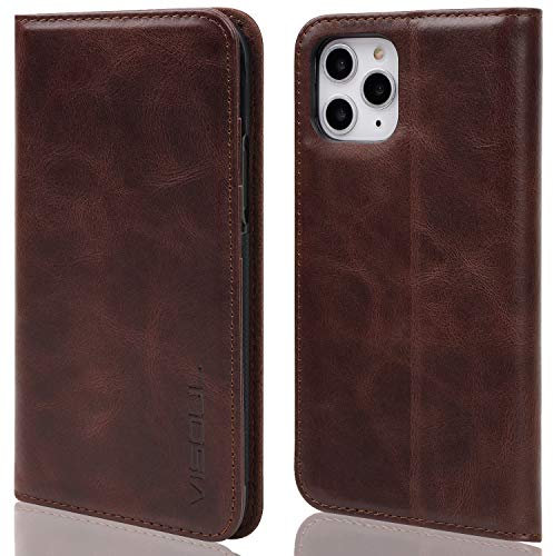VISOUL iPhone 11 Pro Hülle,Stoßfeste Handyhülle [Rindsleder][Auto Sleep/Wake] TPU Schutzhülle [Kartenfach] [Magnet] [Stand] Lederhülle Kompatibel für iPhone 11 Pro Kaffee