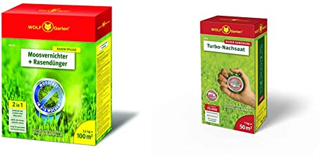 WOLF-Garten - Moosvernichter und Rasendünger - SW 100-3,5 kg für 100 m² - 3841020 & - Turbo-Nachsaat LR 50; 3826030