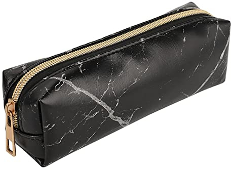 Federmäppchen Schlamperbox Reißverschluss Federmäppchen Marmor Textur PU Federmappe Mäppchen Kosmetiktasche Schulsachen Federtasche Wasserdicht Tragbar für Schule Mädchen Jungen Geschenk (Schwarz)