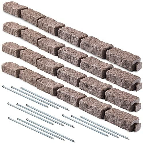 Beuta Landscape Edging | Garden Edging Border | Faux Stone Bricks for Lawn edging, Flower beds, Pathways & Yard Edging– 4 Packs | Each Section Has 6 Bricks 48L x 4W x 2.25H | 12 Spikes |Cobblestone