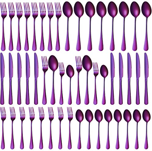 50 Pieces Purple Silverware Set Service for 10 Stainless Steel Flatware Set Metal Utensils Set Tableware Cutlery Set Including Knife Forks Spoons for Home Wedding Restaurant Table Dishwasher Safe