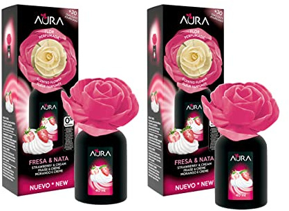 AURA. Pack 2 Ambientadores Flor Perfumada 40ml Aroma Fresa y nata. Más de 4 semanas de duración. (2x40ml)
