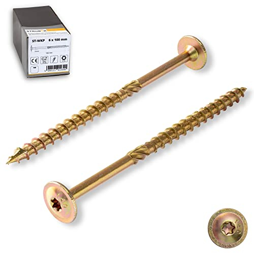 STRÜBER Tellerkopfschrauben mit Torx-Antrieb (6,0 x 60 mm / 100 Stück) Holzschrauben für Dachkonstruktionen - Konstruktionsschrauben Gelb verzinkt - Sparrenschrauben TX-Buchse - BIT TX-30 inklusive!