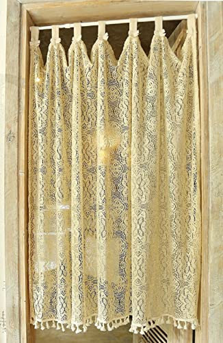 izielad Ausschnitt Gehäkelte Scheibengardine Hohl Transparent Kurze Vorhänge Beige Vintage Bistrogardine Landhaus Baumwolle und Leinen Küchenvorhänge BxH 140x120cm