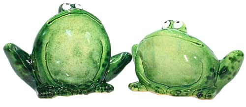 Dekohelden24 Deko-Frösche im 2er Set, glänzend, sitzend, aus Keramik in grün, für Garten, Terrasse oder Teich, Größe: L/H/B ca. 7 x 14 x 11 cm