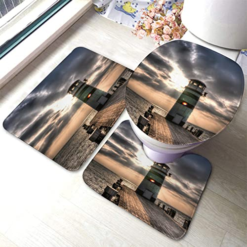IUBBKI Badezimmermatten-Set, 3-teilig, dramatischer Leuchtturm mit Licht, Urlaub, Holz-Dock-Brücke zu Wasserwellen, Badematten-Set, rutschfest, WC-Vorleger, Wärmer, Duschmatte, für Badezimmer