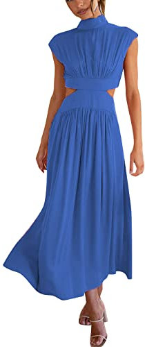 AMDOLE Damen-Minikleid, Boho-Sommerkleider 2023, Rundhalsausschnitt, ärmellos, Ausschnitt, Taille, leger, Party, gestuft, A-Linie, mittellanges Kleid, Sommerkleider mit Taschen, blau, XL
