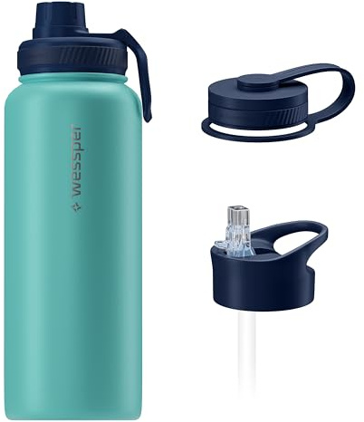 Wessper Edelstahl Trinkflasche 1L, BPA-Frei Wasserflasche mit 3 Deckel für Wasser, Kaffee und Tee, Auslaufsicher Thermoflasche für Sport, Gym, Wandern, Fahrrad, Büro - Marine