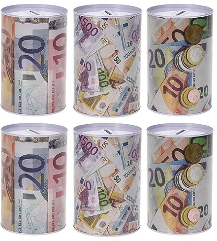 6er Set Spardose im Euro-Design Ø 9,5cm Metall Blech Dose Sparbüchse Gelddose Metallspardosen Geldspardose