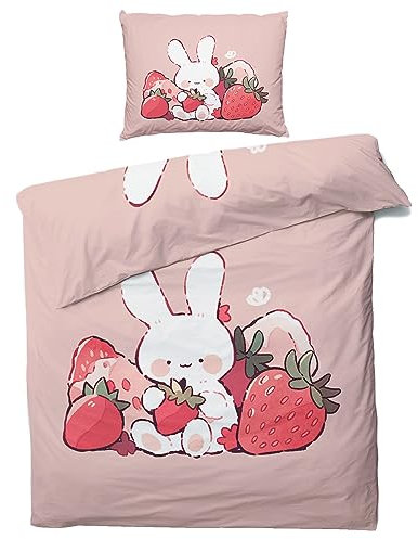 ZDABAOEC Rosa Erdbeer Hase Kinderbettwäsche 100x135 Mädchen, Weiche Microfaser Kinder Baby Bettwäsche 2er Set - 1 Bettbezug + 1 Kissenbezug 40x60, mit Reißverschluss, Wende Motiv