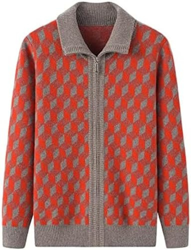 Kaschmir-Strickjacke Mit Verdicktem Kragen, Unregelmäßigem Karo-Reißverschluss Für Damen,Rot,XL