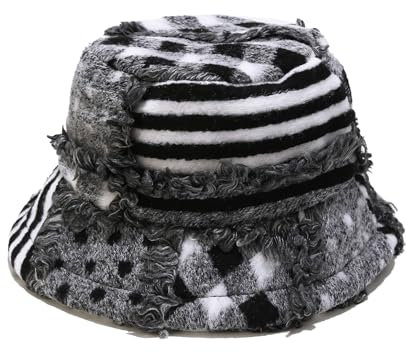LumiSyne Plüsch Fischerhut Winter Wärmer Eimer Hut Flauschige Fischermütze Personalisiert Patchwork Mit Distressed Burrs Schwarz Weiß Karomuster Verstellbare Warme Wintermütze Mode Kleidung Accessoire