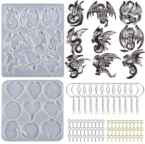 Attuslla 2 Stück Drachen Schlüsselanhänger Silikonform Tiere Anhänger Schmuck Epoxidharz Dragon Resin Keychain Mold für DIY Schlüsselanhänger Halsketten Schmuck Bastelarbeiten