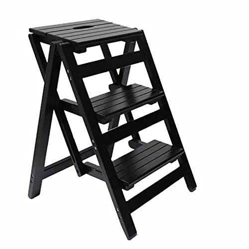 ZAMOUX Step Stool,3 Steps Household Multifunctional Ladders Chair Folding Wooden Library Stepladde Plant Stand/Black