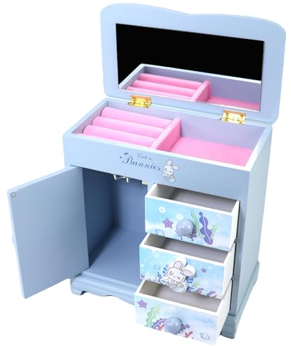 JIUYUAEZ Kinder-Schmuckschatulle für Mädchen, blau, niedliches Häschen, Mädchen, Schmuckkästchen, kleines Mädchen, Geburtstag, Weihnachten, Geschenk, Kinder-Schmuckschatulle