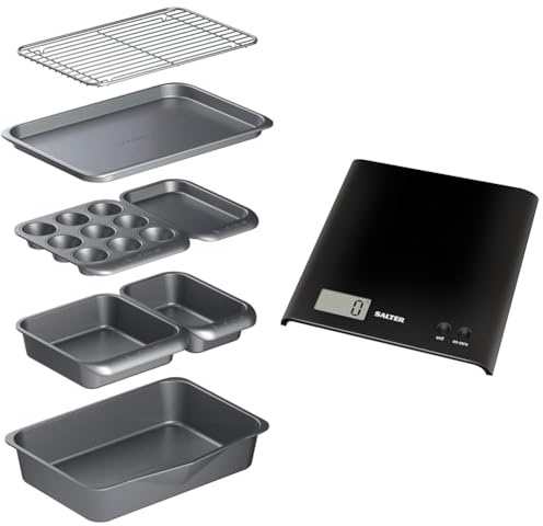 MasterClass Smart Space Stacking Non-Stick Bakeware Set, 7 Piece Baking Trays, Gift Boxed & Salter 1066 BKDR15 Arc Kitchen Scale – Digital Food Weighing Scales for Precise Cooking/Baking