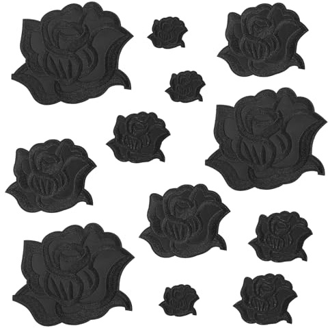12 st stryklappar ros blomma lappar att stryka på svart, tygkläder lappar, broderade sömmar på blomlappar, applikationer, dekorationer för jacka, jeans, pullover, hatt, skor, väskor (4 storlek)
