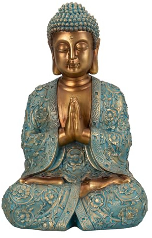 Lifestyle & More Escultura decorativa de Buda de piedra artificial, oro/menta, verde, altura 41,5 cm, ancho 28 cm