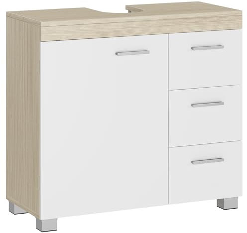 VASAGLE Mobile Sottolavabo per Bagno, Mobiletto da Bagno, 3 Cassetti Laterali, 2 Scomparti dietro l'Anta, per Lavabi con Colonna, con Piedini, 30 x 70 x 64 cm, Bianco Nuvola e Beige Naturale BBK504K01
