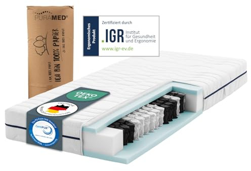 PURAMED Taschenfederkernmatratze 140x200 cm | Härtegrad H4 | Höhe 20 cm | ergonomische 7-Zonen Matratze | waschbarer Mikrofaser-Bezug | Oeko-TEX® & CertiPUR Zertifiziert | produziert in Deutschland