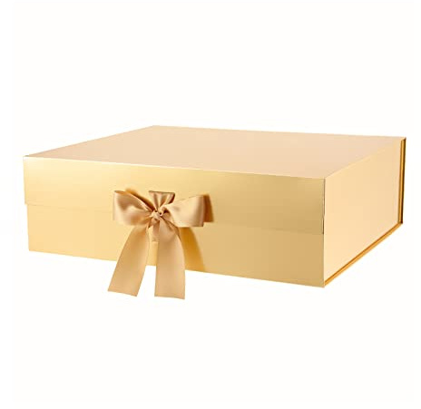PKGMAGIC Große XXL Geschenkbox 43,2 x 36,8 x 14 cm, Geschenkbox mit Band, leere Geschenkbox mit Deckel, Geschenkbox für Kleidung und große Geschenke (Gold glänzend)
