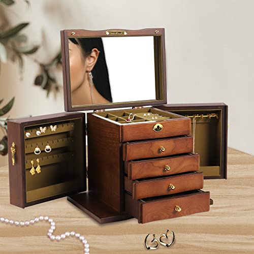 Schmuckkästchen Holz Schmuckkasten Groß 5 Ebenen Schmuckaufbewahrung, Vintage Schmuckschatulle Damen Schmuckkoffer mit Spiegel, Jewelry Organizer für Halsketten, Ohrringe, Ringe