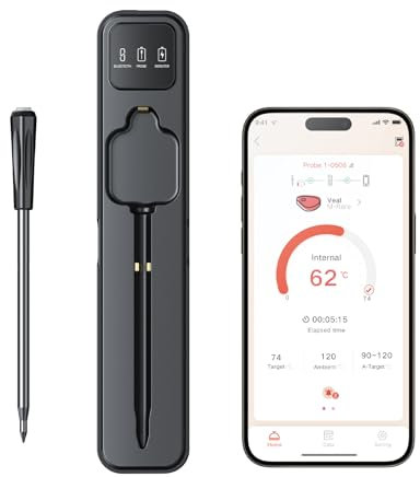 Termometro per Carne Wireless, Termometro per Carne Bluetooth Ultra Range con Doppio Sensore ad Alta Sensibilità, Termometro per Alimenti Wireless con Smart APP, Termometro da Cucina Digitale
