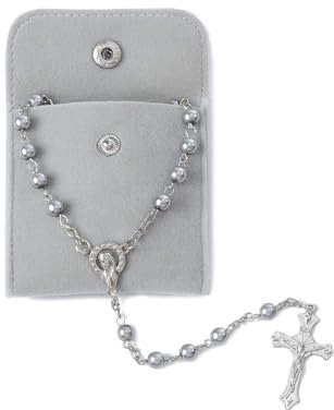 Calkkrer Katholischer Rosenkranz zur Kommunion mit Retro-Kreuz, Samt-Geschenkbeutel, Elegantes Kreuz, Taufe und Hochzeit, Party (Grau)