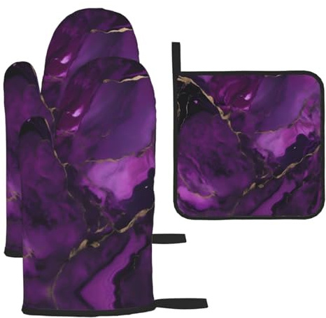 Dark Purple Texture Marble Print Oven Mitts and Pot Holders Set,Cooking Mitts,Cooking Mitts and Pot Holders,Oven Gloves Set