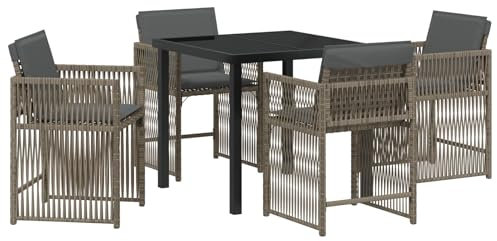 vidaXL 5-teiliges Garten-Esszimmer mit Kissen in Grau aus Poly Rattan. Moderne Outdoor-Armlehnstühle in Dunkel, ideal für Terrasse oder Balkon. Robuste und Bequeme Möbel für Dein Terrassendesign.