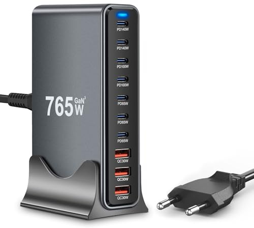765W USB C Ladegerät Mehrfachusb, PD140w, 100w, 65w 10 Ports schnellladegerät, Gan 3 Power Ladestation mit 7 USB C + 3 USB A Ports für MacBook Air, iPad, Phone 16 15Pro 14 13 12, Galaxy S22 S20