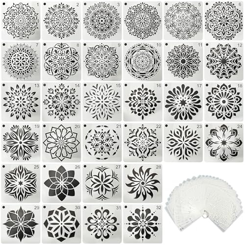32 plantillas de pintura de mandala con 2 anillos de elevación, plantillas de pintura pequeñas para decoración de pared, plantillas de dibujo de plástico reutilizables para pintar sobre lienzo, tela