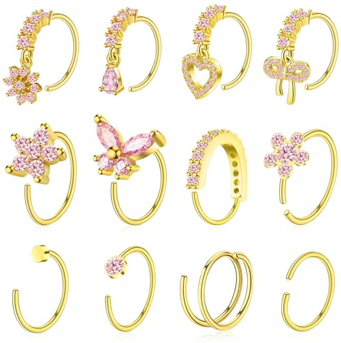 BSJ4U Hoop Nose Rings for Women Nose Piercings 20G Stainless Steel Nose Rings Hoops Heart Butterfly Flower Bow Teardrop Double Nose Hoops Gold Plated Pink CZ Nose Piercing Jewelry