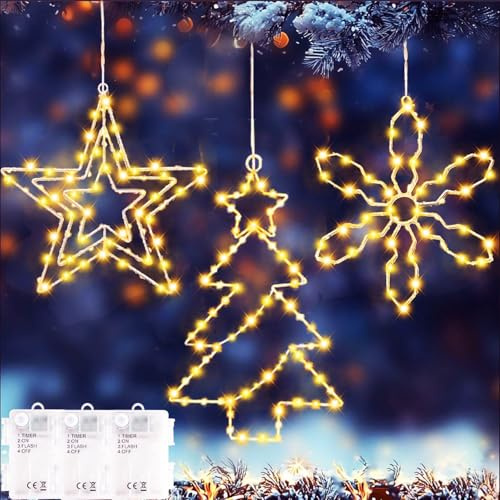 Joysing Weihnachtsdeko Fenster 3 Stück Weihnachtsstern Fenster | Batterie Timer Fensterbeleuchtung LED Stern Wasserdicht Weihnachtsbeleuchtung Leuchtstern für Innen Außen