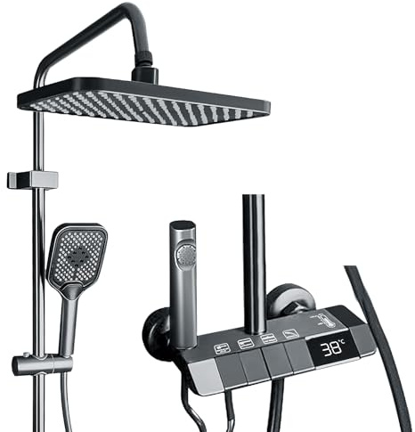 Duschsystem mit Thermostat, Quadratische Kopfbrause, 3 Strahlarten Duschkopf, Höhenverstellbar, mit LED-Digitalanzeige, Wandmontage, Regendusche mit Armatur, Duschset (D)